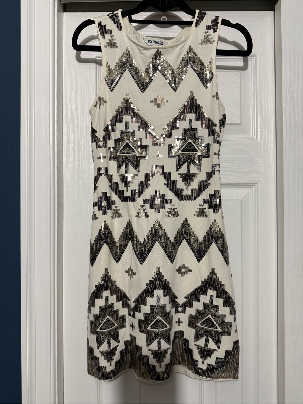Express Ivory Sleeveless Dress with Silver Sequin Geometric Pattern